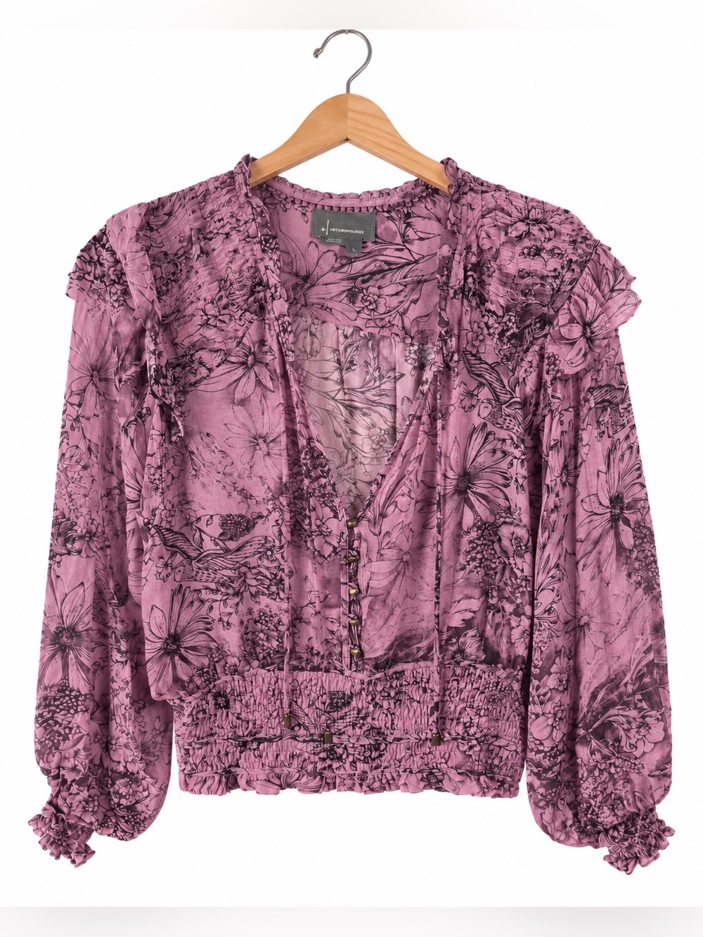 Anthropologie Lavender Pink Floral Smocked Waist Blouse Large Puff Sleeve Boho